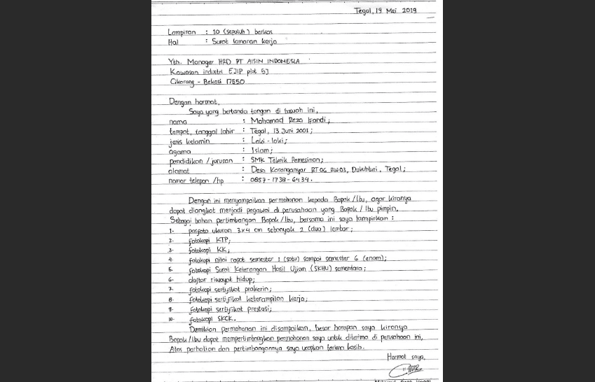 cara membuat surat lamaran kerja tulis tangan